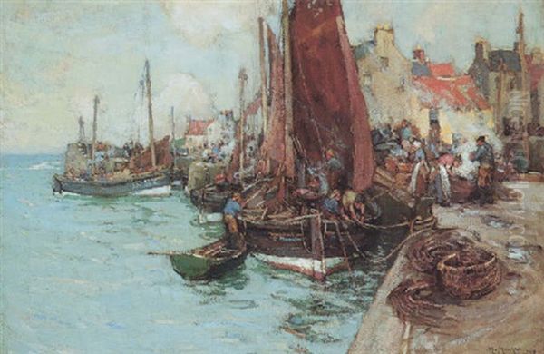 An East Neuk Harbour Oil Painting by William Watt Milne