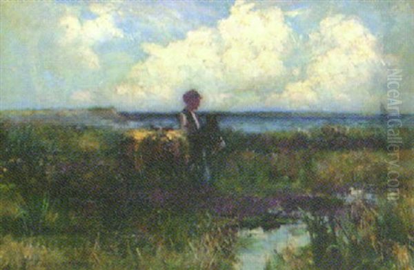 Flicka Med Asna Promenerande Pa Strandang Oil Painting by William Watt Milne