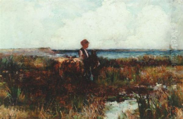 En Lille Dreng Med Et Aesel Pa En Strandeng Oil Painting by William Watt Milne