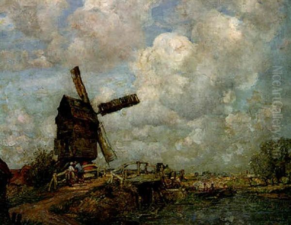 A Dutch River Landscape With Figures Near A Windmill Oil Painting by William Watt Milne