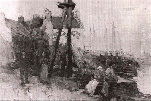 Fisherfolk On A Quay Oil Painting by William Watt Milne