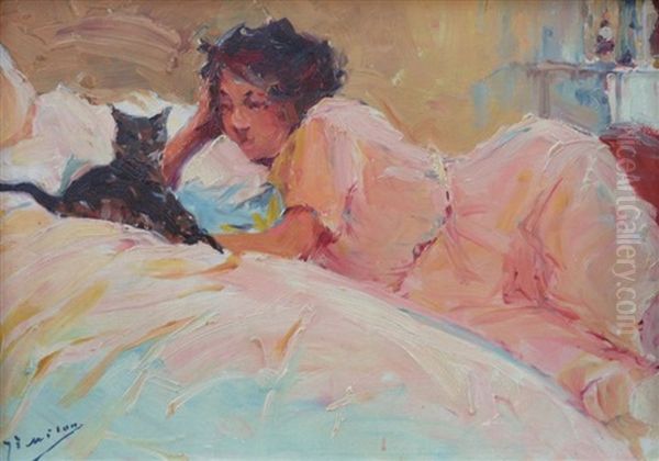 Jeune Femme Et Son Chat Oil Painting by Joseph Milon