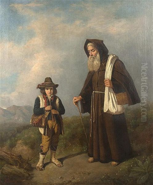 Le Pelerin Et Le Joueur De Flute Oil Painting by Antonio Milone