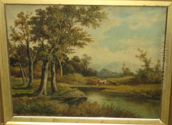 Cows Watering By A Stream Oil Painting by Antonio Milone