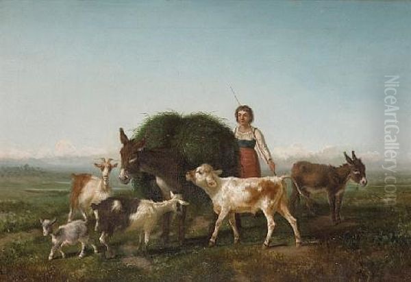 An Extensive Italianate Landscape With A Young Girl With Her Farm Animals In The Foreground (+ A Companion Painting; Pair) Oil Painting by Antonio Milone