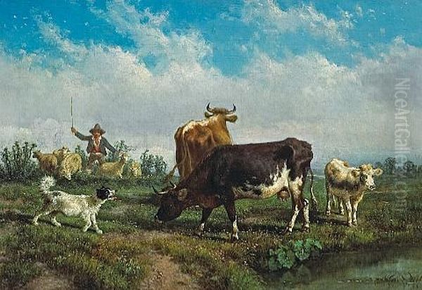 An Extensive Italianate Landscape With A Young Girl With Her Farm Animals In The Foreground (+ Another; Pair) by Antonio Milone