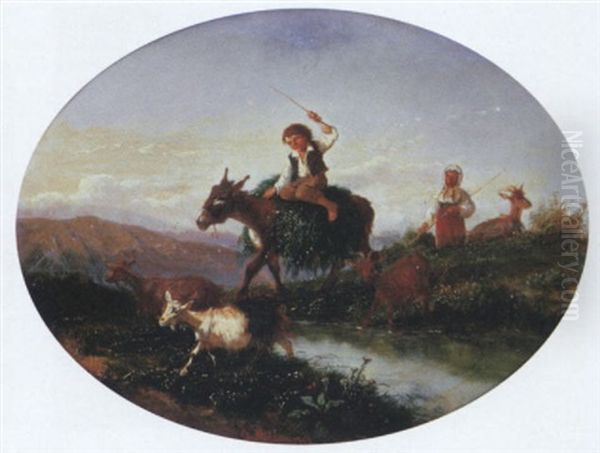 Pastorelli Al Guado, 1868 Oil Painting by Antonio Milone