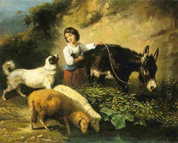 A Shepherdess Oil Painting by Antonio Milone