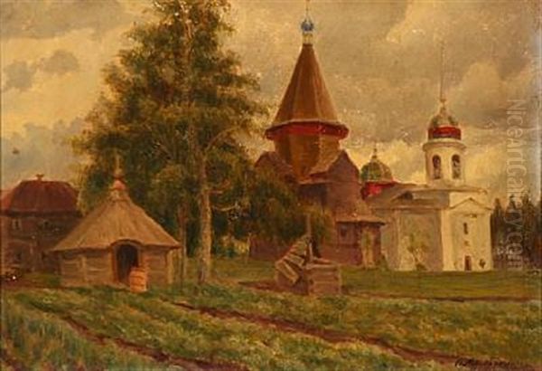 At A Russian Church In The Country Oil Painting by Sergei Dmitrievich Miloradovich