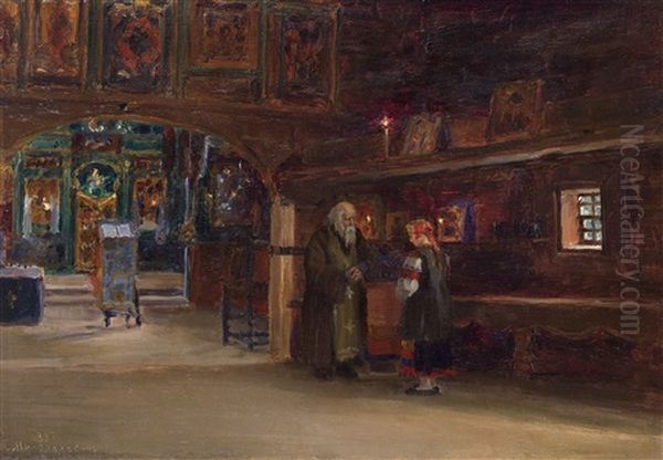 Inside A Russian Church Oil Painting by Sergei Dmitrievich Miloradovich