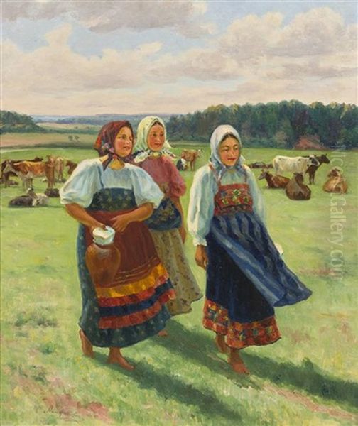 Peasant Girls Oil Painting by Sergei Dmitrievich Miloradovich