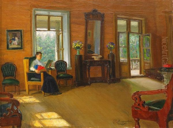 Reading In The Dacha Oil Painting by Sergei Dmitrievich Miloradovich