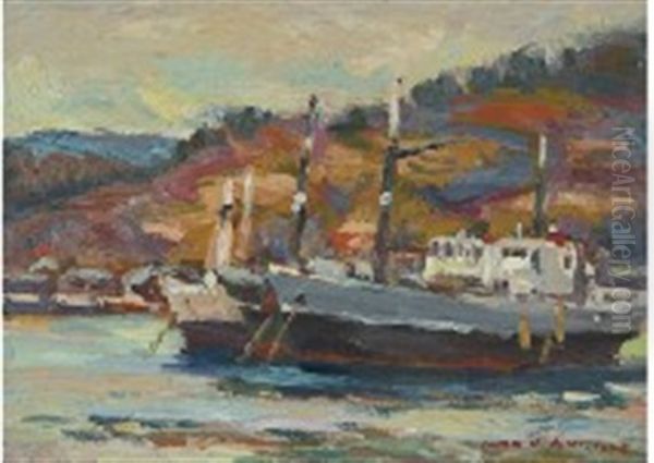 Vessel At Anchor Oil Painting by Kunzo Minami