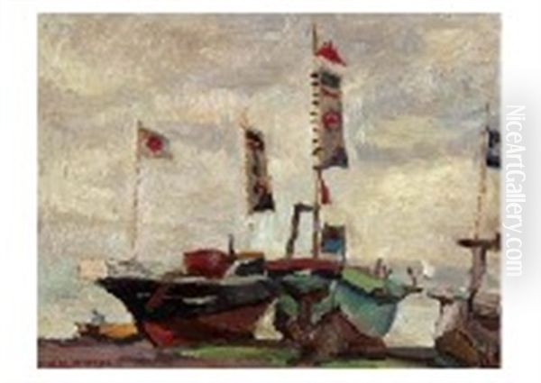 Landscape Of A Port Oil Painting by Kunzo Minami