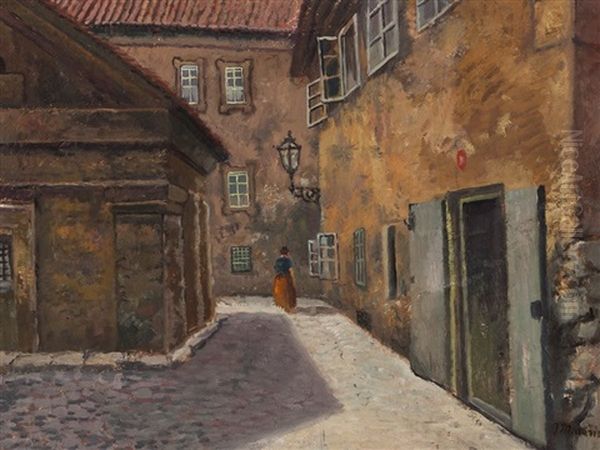 View Of A Courtyard Oil Painting by Jan B. Minarik