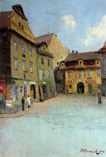 Old Prague Oil Painting by Jan B. Minarik