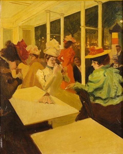 Les Elegantes Au Cafe Oil Painting by Antoine Guillaume (Tony) Minartz