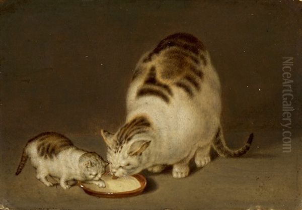 Katzenmutter Und Ihr Junges Beim Milchtrinken Oil Painting by Gottfried Mind