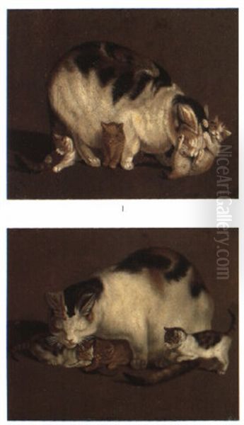 Katzenmutter Und Ihre Kinder (+ Another, Similar; Pair) Oil Painting by Gottfried Mind