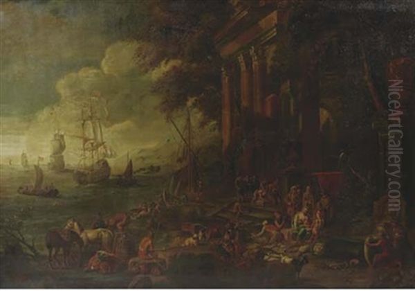 A Capriccio Of A Mediterranean Port With Ships At Anchor And Figures Among Architectural Ruins Oil Painting by Antoon Van Minderhout