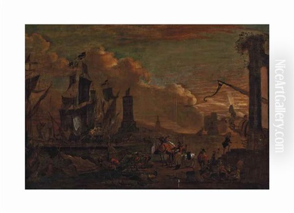 A Mediterranean Harbor With Ships And Riders On The Shore Oil Painting by Hendrich van Minderhout