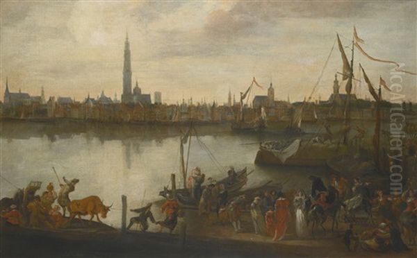 A View Of Antwerp Across The Scheldt, With Elegant Ladies Being Lifted Onto A Ferry And Workers Unloading Hay From A Barge, The City In The Background Oil Painting by Hendrich van Minderhout