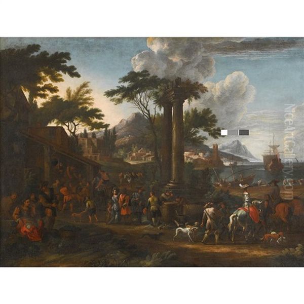 Italianate Landscape With Coopers, Hunters, And Other Figures By A Harbor Oil Painting by Hendrich van Minderhout