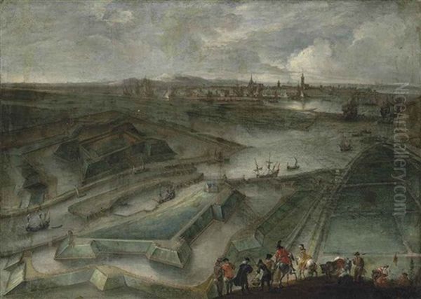 A View Of Ostend, With The Fort Saint Philippe And The Slijkens Sluice, Figures In The Foreground And The Flag Of Flanders Oil Painting by Hendrich van Minderhout