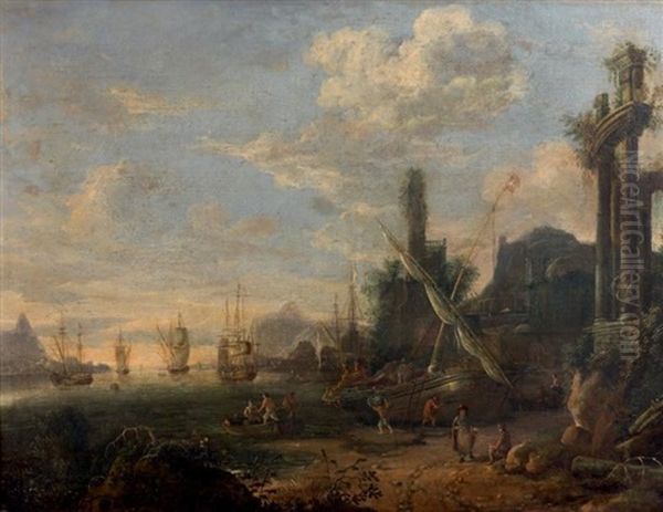 Dechargement D'un Navire Dans Un Port Mediterraneen Oil Painting by Hendrich van Minderhout