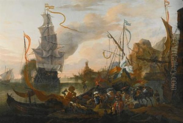 A Levantine Harbour With A Galley And A Man-of-war Coming In To Anchor, Together With Many Figures On Shore Oil Painting by Hendrich van Minderhout