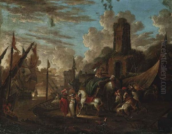 A Coastal Landscape With Elegant Figures Disembarking From An Acnhored Boat Oil Painting by Hendrich van Minderhout