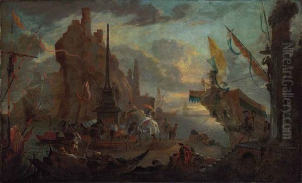 An Oriental Harbour With A Fortress, A Man-o-war, Figures Unloading Cargo, And Other Vessels Beyond Oil Painting by Hendrich van Minderhout