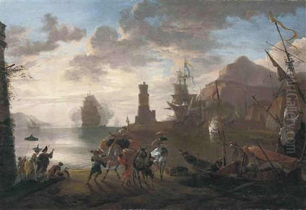 A Coastal Landscape With Sailors Disembarking From An Anchored Boat And Elegant Figures Conversing Oil Painting by Hendrich van Minderhout