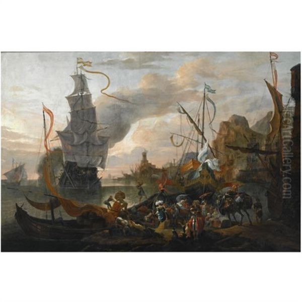 A Levantine Harbour With A Galley And A Man-of-war Coming In To Anchor, Together With Many Figures On Shore Oil Painting by Hendrich van Minderhout