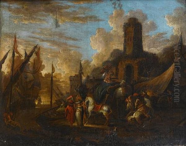 A Mediterranean Harbour With Elegant Figures On The Quay And Stevedores Loading Boats, Shipping At Anchor Beyond Oil Painting by Hendrich van Minderhout