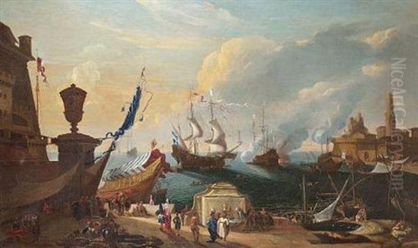 A Levantine Harbour With Elegant Figures, Merchants And Stevedores On A Quayside With Moored Shipping Beyond Oil Painting by Hendrich van Minderhout