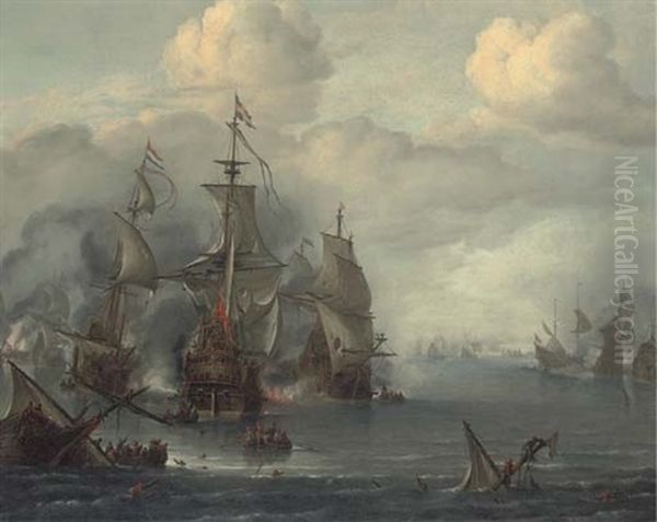 The Battle Of The Sound, 29th October 1650 Oil Painting by Hendrich van Minderhout