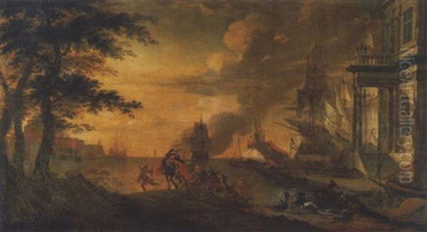 Une Caravane Dans Un Port De Fantaisie Oil Painting by Hendrich van Minderhout