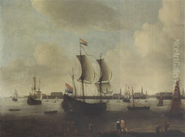 An Extensive View Of The Roads Of A City With A Large Flute, A Small Cargo Ship, A Kaag And Other Shipping Moored, With An Elegant Couple And Other Figures In The Foreground Oil Painting by Hendrich van Minderhout