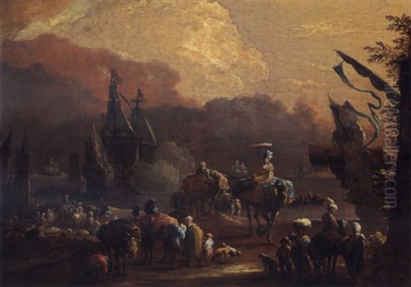 A Mediterranean Harbour Scene With Merchants Transporting Their Goods, Muleteers Loading Their Mules, Camels Transporting Goods And Vessels In The Background Oil Painting by Hendrich van Minderhout