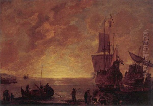 Kystlandskab Ved Solnedgang, Med To Tremastere For Anker Og Maend Ved Et Bal Oil Painting by Hendrich van Minderhout