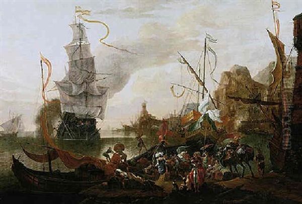 A Levantine Harbour With A Galley And A Man Of War Coming In To Anchor Oil Painting by Hendrich van Minderhout