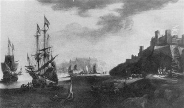 A Mediterranean Coastal Landscape With Sailors Disembarking From An Anchored Threemaster Oil Painting by Hendrich van Minderhout