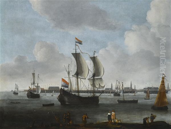 A Harbour Scene With A Large Flute, A Small Cargo Ship, A Kaag And Other Shipping Moored, With An Elegant Couple And Other Figures In The Foreground Oil Painting by Willem Augustin van Minderhout