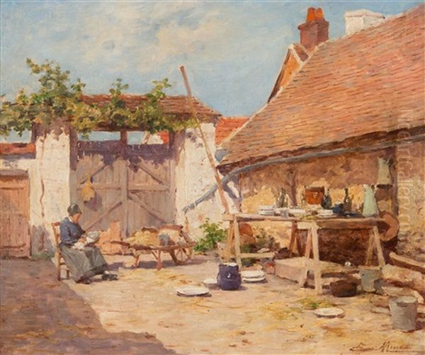 La Nourrice Dans La Cour De Ferme Oil Painting by Emile-Louis Minet