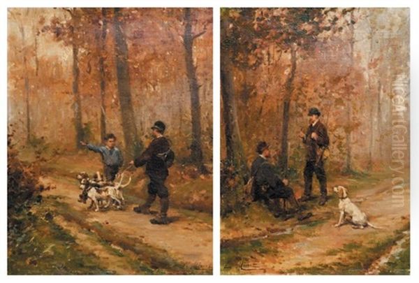 Scenes De Chasse (2 Works) Oil Painting by Emile-Louis Minet