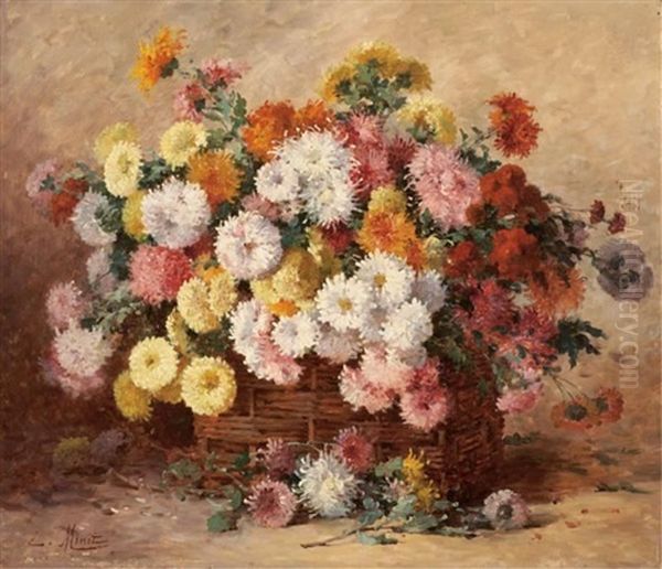 Chrysanthemums In A Wicker Basket Oil Painting by Emile-Louis Minet