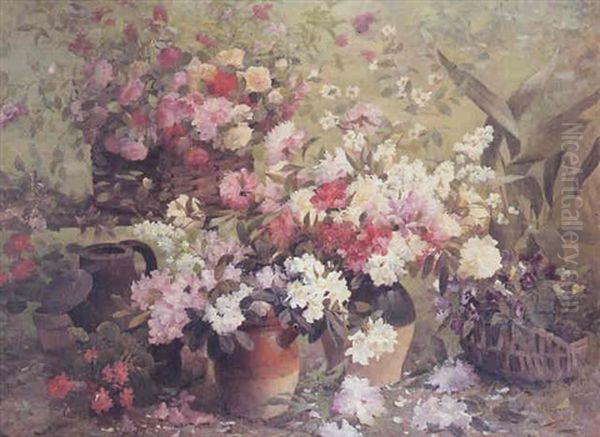 Grands Vases De Pivoines, Branches De Pommier Et Panier De Pensees Oil Painting by Emile-Louis Minet