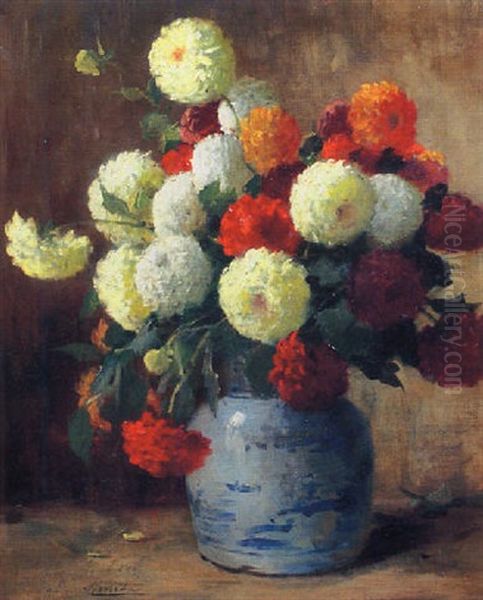 Still Life With Red, Yellow And White Chrysanthemums Oil Painting by Emile-Louis Minet