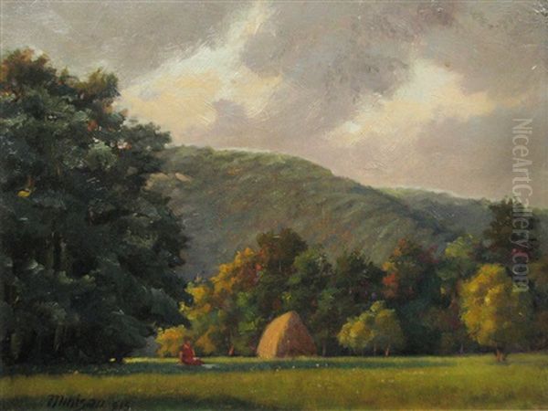 Landscape With Hay Stacks Oil Painting by Cornel Minisan